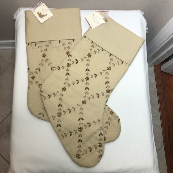 Pottery Barn 2 Linen Cotton Blend Lattice Jewel Christmas Stockings 9 X 19.5 In - Picture 2 of 12